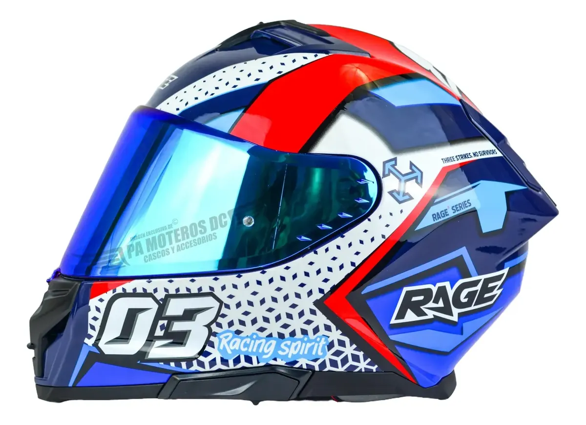 CASCO RAGE RS200 RACING SPIRIT BLANCO ROJO AZUL BRILLANTE